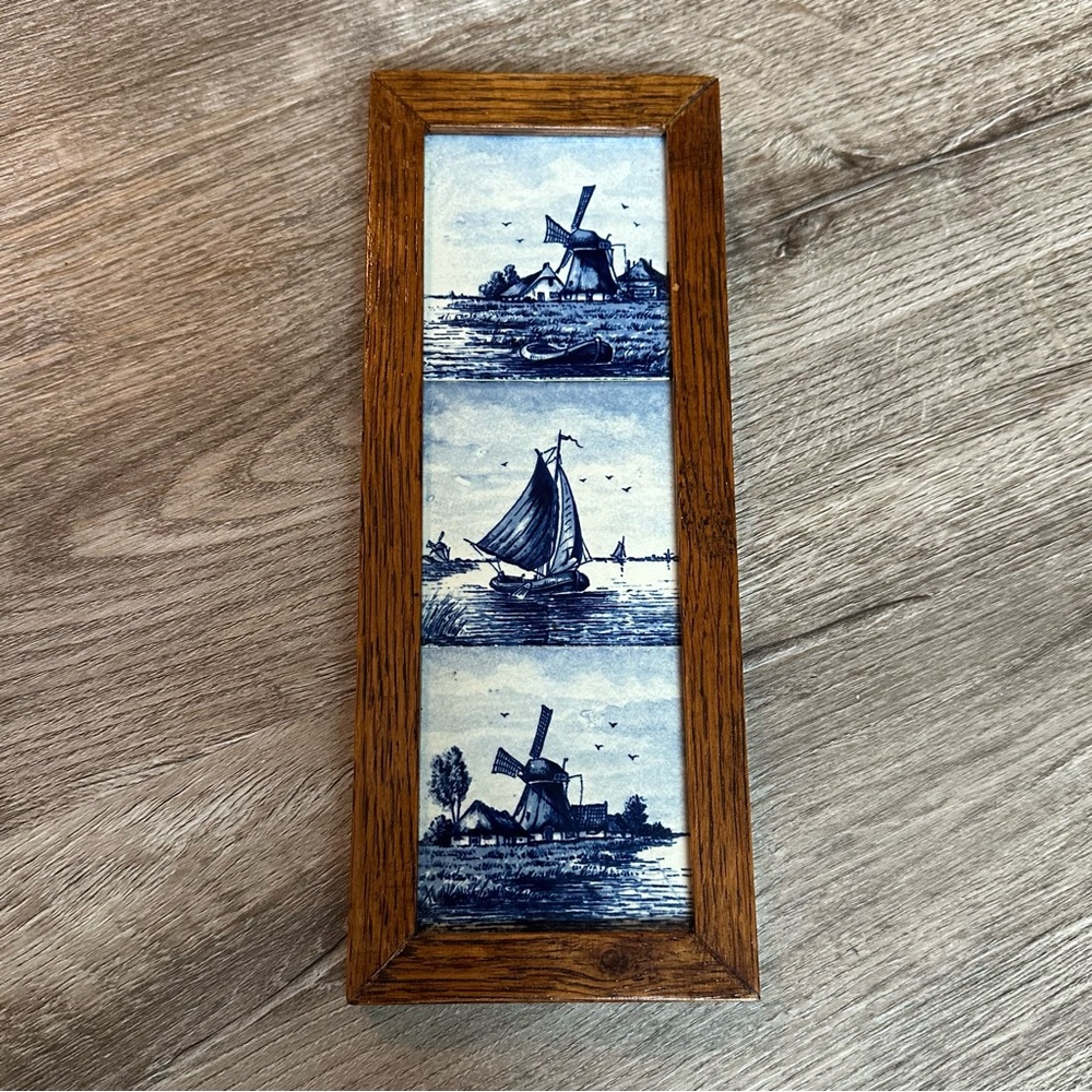 Delft Blauw Holland Blue Hand Painted Brown Framed Windmill Sailboat Tile Art